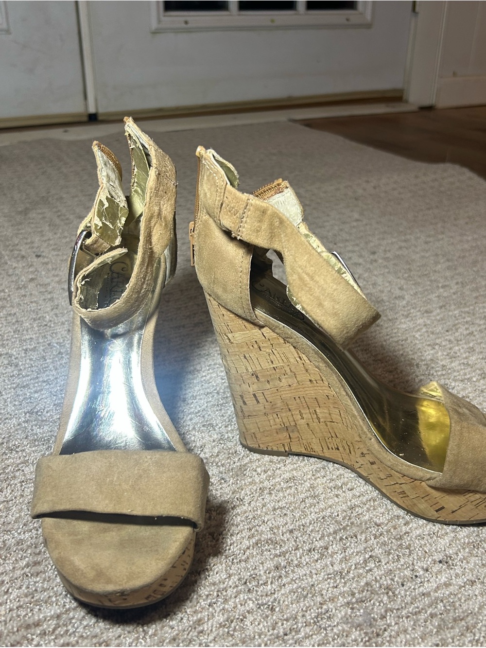 Carlos Santana Tan Suede Cork Wedge Sandals